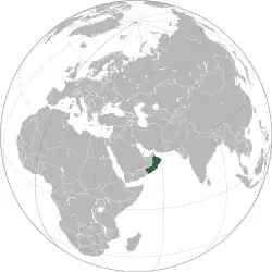Location of Oman in the Arabian Peninsula (dark green)