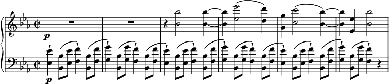  { \new PianoStaff << \new Staff \relative bes' { \set Staff.midiInstrument = #"piano" \key c \minor \clef treble \time 2/2 \set Score.tempoHideNote = ##t \tempo 2 = 60 R1*2\p | % 3 r4 <bes bes'>2 <bes bes'>4 ~ ~ | % 4 <bes bes'>4 <es es'>2 ( <d d'>4 ) | % 5 <g, g'>4 <c c'>2 ( <bes bes'>4 ) ~ ~ | % 6 <bes bes'>4 <es, es'>4 <bes' bes'>2 } \new Staff \relative es { \set Staff.midiInstrument = #"piano" \key c \minor \clef bass \time 2/2 <es es'>4 \p -! <bes bes'>8 ( <es es'>8 <f f'>4 ) -! <bes, bes'>8 ( <f' f'>8 | % 2 <g g'>4 ) -! <bes, bes'>8 ( <g' g'>8 <f f'>4 ) -! <bes, bes'>8 ( <f' f'>8 | % 3 <es es'>4 ) -! <bes bes'>8 ( <es es'>8 <f f'>4 ) -! <bes, bes'>8 ( <f' f'>8 | % 4 <g g'>4 ) -! <bes, bes'>8 ( <g' g'>8 <f f'>4 ) -! <bes, bes'>8 ( <f' f'>8 | % 5 <es es'>4 ) -! <bes bes'>8 ( <es es'>8 <f f'>4 ) -! <bes, bes'>8 ( <f' f'>8 | % 6 <g g'>4 ) -! <bes, bes'>8 ( <g' g'>8 <f f'>4 ) -! r4 \! } >> } 