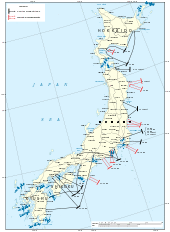 Color map of the Japanese home islands marked with the locations of the Allied fleet when it made the attacks described in the article