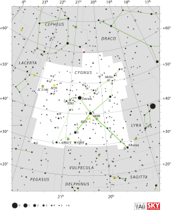 Diagram showing star positions and boundaries of the Cygnus constellation and its surroundings