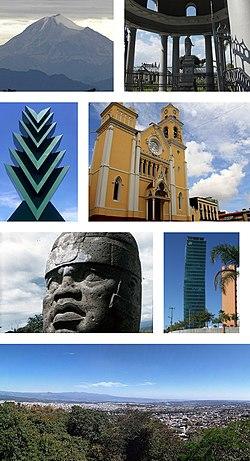 Clockwise, from upper left: Pico de Orizaba, General Juan de la Luz Enríquez Lara tomb, Xalapa Cathedral, cityscape, panoramic view from the Mountain of the Macuiltepetl, Olmec colossal head from Museo de Antropología de Xalapa, Araucaria sculpture