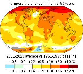 World map of temperature distribution shows the northern hemisphere was warmer than the southern hemisphere during the periods compared.