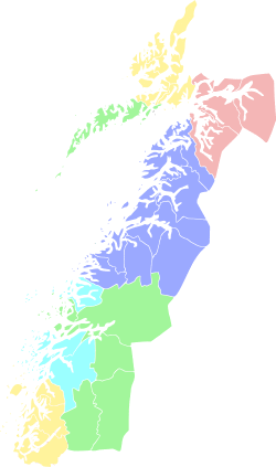 The light blue, yellow and green area in South of the map is the Helgeland district