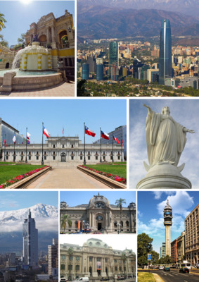 Clockwise, from top: Santa Lucía Hill, Santiago's financial district, La Moneda, Statue of the Immaculate Conception, Torre Telefónica, National Museum of Fine Arts and National Library of Chile, Torre Entel.