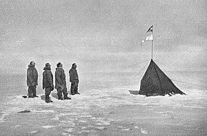 Amundsen (at left) and companions at Polheim, South Pole, December 1911