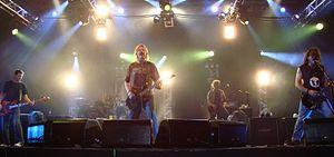 The Offspring performing in 2008 in Fortaleza, Brazil Pictured: Greg K., Pete Parada, Dexter Holland, Andrew Freeman and Noodles
