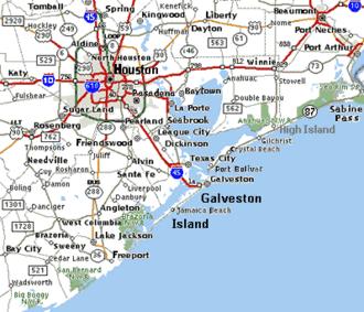 Crystal Beach (center right) on Bolivar Peninsula, southeast of Houston.