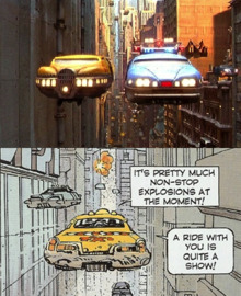 A screenshot of a flying taxi in the film, placed above a drawing of a flying taxi from a comic book
