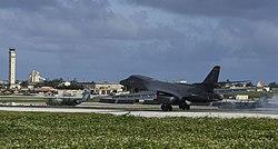 A B-1B Lancer assigned to the 9th Expeditionary Bomb Squadron lands at Andersen AFB in 2007. The rotation of aircraft in support is designed to demonstrate the US’s commitment to the Indo-Asia-Pacific region