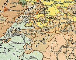 Map of Switzerland in 1378, showing the Bishopric labelled Valais