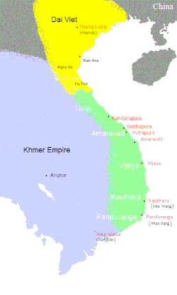 The main Champa polities circa 1000–1100, depicted in green, lay along the coast of present-day southern Vietnam. To the north (in yellow) lay Đại Việt; to the west (in blue), Khmer Empire.