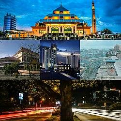 Batam city montage, from top left to right: The front view of Batam Great Mosque, the City Hall building, skyline of Batam city-centre, Nagoya Business Area, and a busy road in downtown.