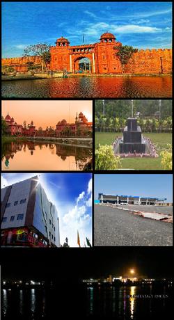 From top - Darbhanga Fort, Lalit Narayan Mithila University, Anandbag Botanical garden, Shyama Mall, Darbhanga Airport, Night view of Darbhanga Junction