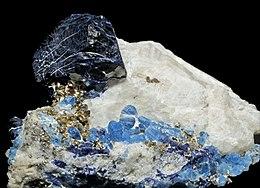Lazurite, afghanite et pyrite sur calcite (Sar-e-Sang, Koksha Valley, Badakshan - Afghanistan).jpg