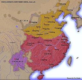 A map showing the territory of the Song dynasty after suffering losses to the Jin. The western and southern borders remain unchanged from the previous map; however, the northernmost third of the Song's previous territory is now under control of the Jin. The Xia dynasty's territory remains unchanged. In the southwest, the Song dynasty is bordered by a territory about a sixth its size, Nanchao.