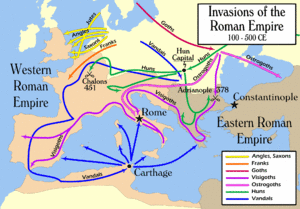 Map of Europe, with colored lines denoting migration routes