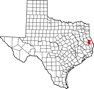Map of Texas highlighting San Augustine County
