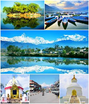(From left) Top: Tal Barahi Temple, Boats in Phewa Lake; Center: View of the Annapurna Range from Pokhara; Bottom: Bindhyabasini temple, Pokhara Town, Shanti Stupa, Pokhara in Pokhara.