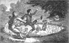 An 1880 sketch of a man pulling another man away from fairies that are dancing in a circle