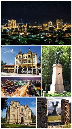 From top: City Hall, Kaloderma Palace, Odžaklija church, National Theatre, Serbian Orthodox church, Memorial Park of the Revolution