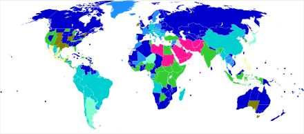 Map of the world's countries, with countries colored by age of consent