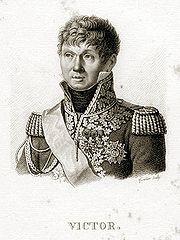 Black and white print of a curly-haired man with a round face. He wears an elaborate dark military uniform with a high collar, epaulettes, and lots of braid.