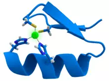 A twisted band, with one side painted blue and another gray. Its two ends are connected through some chemical species to a green atom (zinc).