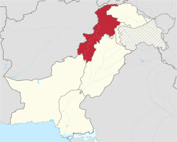 Khyber Pakhtunkhwa shown within Pakistan (hatched regions indicate claimed but not controlled territories)