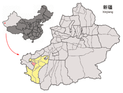 Location of Yengsiar County (red) within Kashgar Prefecture (yellow) and Xinjiang