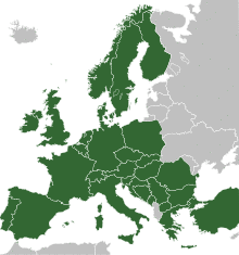 Map of Europe, with Interrail countries in green