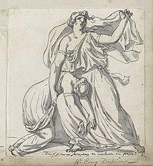 Niobe, in flowing garment, arm raise and face mournful, holding the collapsed body of her daughter across her thigh