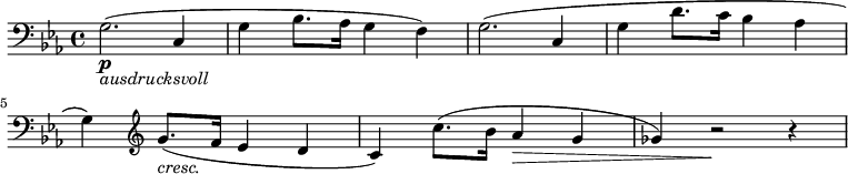  { \new PianoStaff << \new Staff \relative g { \set Staff.midiInstrument = #"string ensemble 1" \key c \minor \clef bass \time 4/4 \set Score.tempoHideNote = ##t \tempo 4 = 60 g2. \p _\markup{ \italic {ausdrucksvoll} } ( c,4 | % 2 g'4 bes8. as16 g4 f4 ) | % 3 g2. ( c,4 | % 4 g'4 d'8. c16 bes4 as4 | % 5 g4 ) \clef "treble" g'8. _\markup{ \italic {cresc.} } ( f16 es4 d4 | % 6 c4 ) c'8. ( bes16 as4 \> g4 | % 7 ges4 ) r2 \! r4 } >> } 