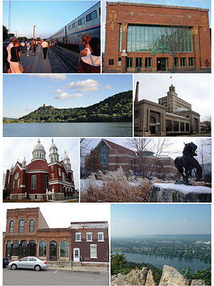 Clockwise from top-left: the Empire Builder at Winona station, Merchants National Bank, Sugar Loaf, Watkins Incorporated, Basilica of St. Stanislaus, Krueger Library, East Second Street Historic Commercial District, and Garvin Heights City Park.