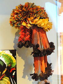 Headdress, Munduruku people, macaw and toucan feathers - South American collection - Peabody Museum, Harvard University - DSC05693.JPG