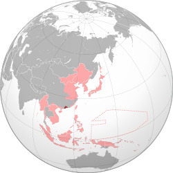 The Hong Kong occupation zone (dark red) within the Empire of Japan (light red) at its furthest extent