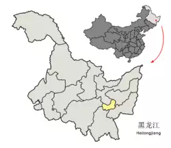 Location of Qitaihe City (yellow) in Heilongjiang (light grey) and China