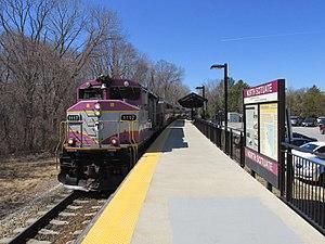 Outbound train entering North Scituate MBTA station, North Scituate MA.jpg