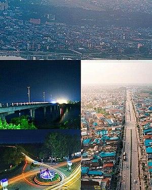 Clockwise: City skyline, Bharatpur heights, Chaubiskothi roundabout night trials, Narayani bridge.