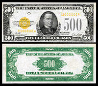 $500 Gold Certificate, Series 1928, Fr.2407, depicting William McKinley