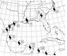 A map centered on the Gulf of Mexico, including parts of the northern Caribbean Sea, eastern Mexico, the Southeastern United States, and the Western Atlantic. An approximate track of the hurricane has been drawn, appearing as a parabola.