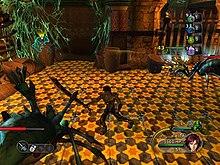 A human and an anthropoid animal creature fight a group of spider-like monsters in a darkened room.