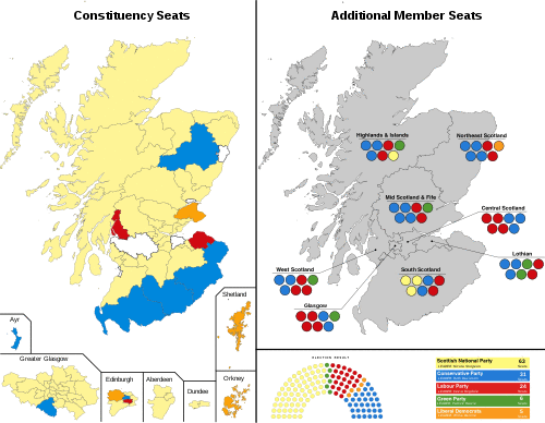 A map showing the constituency winners of the Election by their party colours.