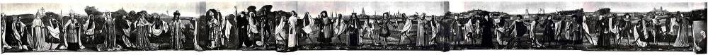 A mural depicting a chain of alternating living and dead dancers