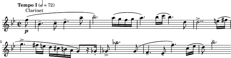  \relative c'' { \clef treble \time 2/2 \key bes \major \tempo "Tempo I" 2 = 72 \partial 8*1 f8\p(^"Clarinet" bes,4.-- c8-- d4.-- a'8-- | bes2.--) a16( g f g | a4.) bes16( c bes4.) d,8 | d2..-> e16( fis | g4.-> fis16 e d cis b a g8)[ r16 ges-.] | ges8-> aes'2.-- ges,8( | f4.-- ees8-- f'4.--) c16( ees | d8) bes'2.-- } 
