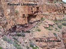 Annotated photo of different colored rock units on a cliff.