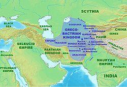 Approximate maximum extent of the Greco-Bactrian kingdom circa 180 BC, including the regions of Tapuria and Traxiane to the West, Sogdiana and Ferghana to the north, Bactria and Arachosia to the south.