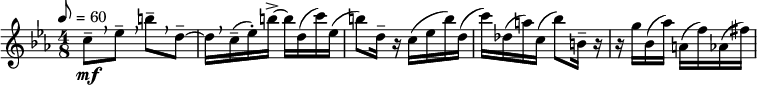  \relative c'' { \set Staff.midiInstrument = #"oboe" \clef treble \key c \minor \time 4/8 \tempo 8 = 60 c8--[\mf \breathe ees--] \breathe b'--[ \breathe d,--~] | d16[ \breathe c(-- ees-.) b'->~] b[ d,( c') ees,(] | b'8) d,16-- r c( ees b') d,( | c') des,( a') c,( bes'8) b,16-- r | r g' bes,( aes') a,( f') aes,( fis') } 