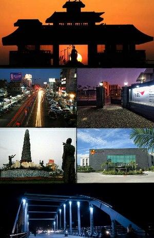 Clockwise from top: Sukapha Samannay Kshetra, night view of Gar-Ali, National Institute of Design, Millennium Park, Kaziranga university and Bhogdoi bridge
