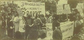 a monochrome photo of a protest rally. Many of the protesters are minorities, and have Afro hairstyles. "WOMEN AGAINST BAKKE" is a typical sign being held.