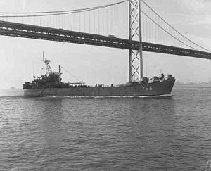 LST-786 passing under the San Francisco–Oakland Bay Bridge, 20 August 1966